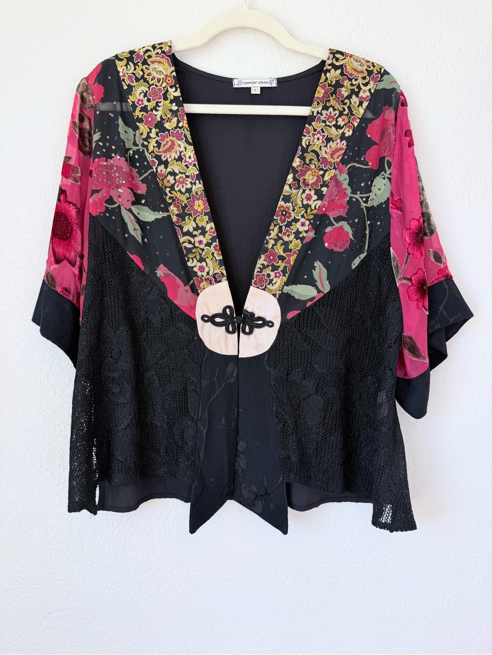 Spencer Alexis Mixed Media Patchwork Lace Kimono Tunic Boho Black Red L